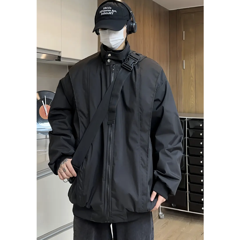 Black functional style stand collar jacket men's autumn and winter heavyweight thickened cotton clothing trendy brand high-end handsome jacket jacket