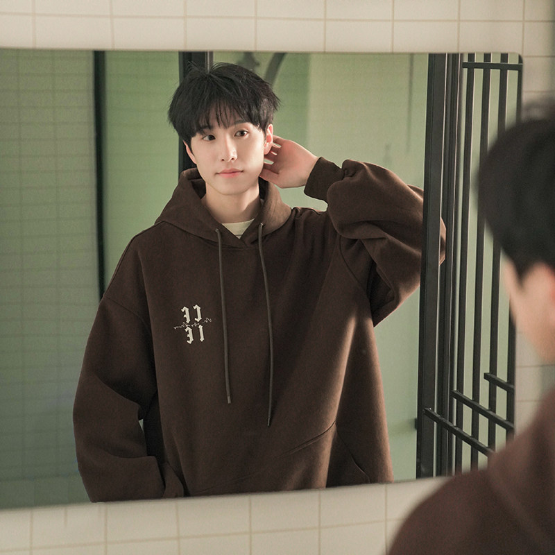 Heavyweight hooded sweatshirt for men Hong Kong style loose Maillard velvet top trendy brand handsome letter print American jacket