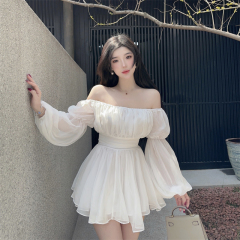 One-shoulder elastic long-sleeved high-waist pleated slimming tutu dress