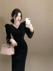 V-neck puff long-sleeved velvet slim-fitting slit mid-length dress