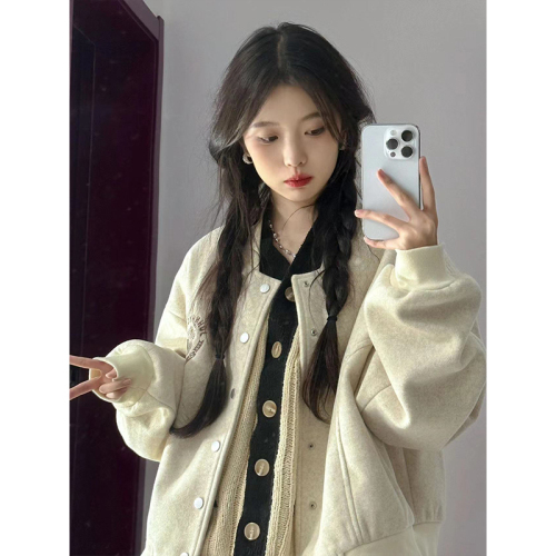 Chinese cotton composite milk silk lined American retro embroidered short baseball uniform jacket for women