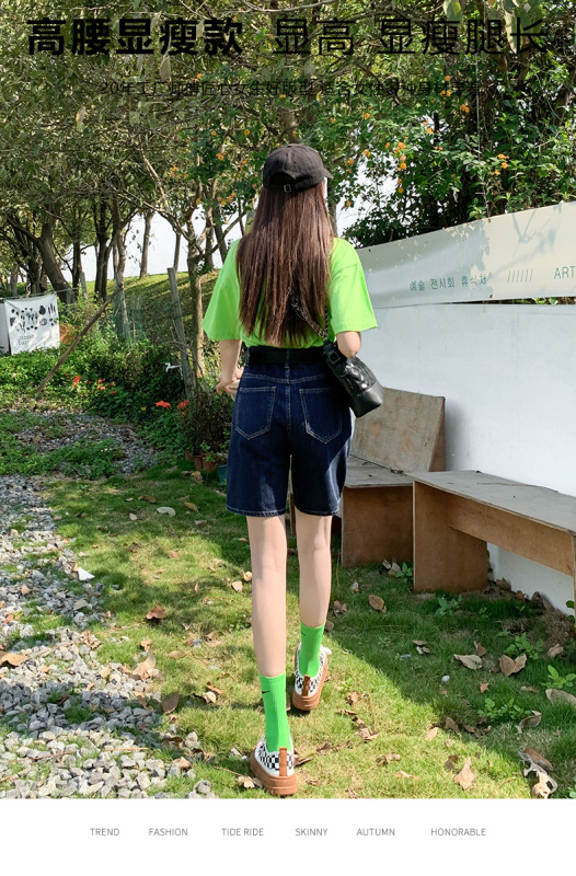 Five-point denim shorts for hot girls in summer thin loose high-waisted straight wide-leg medium pants trendy
