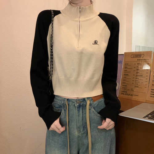 American Retro Short Cardigan Zipper Sweater Women's Sweater 2024 Autumn New Pullover Stand Collar Long Sleeve Top