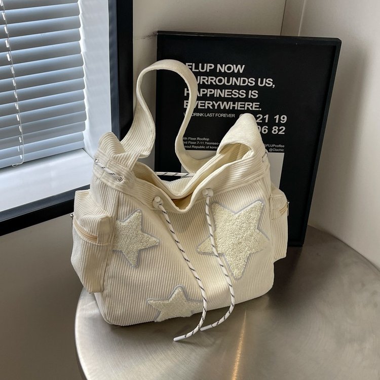 Large-capacity corduroy commuter student cute one-shoulder crossbody bag ins school five-pointed star corduroy tote messenger bag
