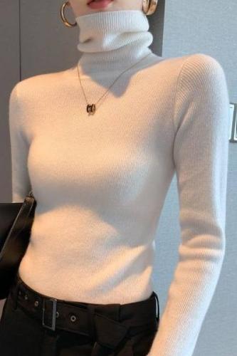 Turtleneck bottoming shirt for women autumn new Korean style long-sleeved slim knitted top solid color foreign style inner sweater