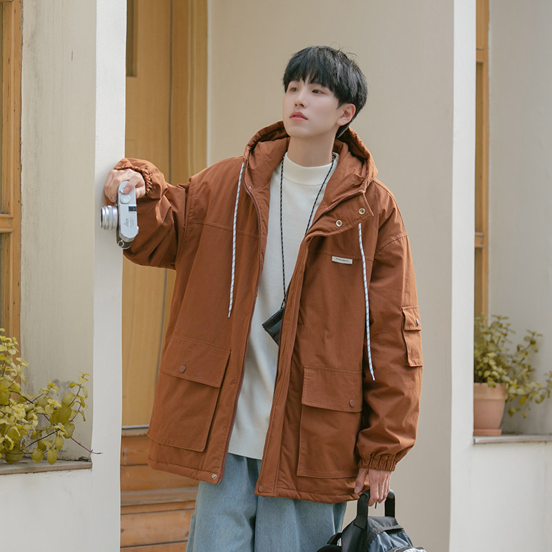 Men's workwear cotton coat winter thickened hooded cotton coat Japanese retro loose jacket