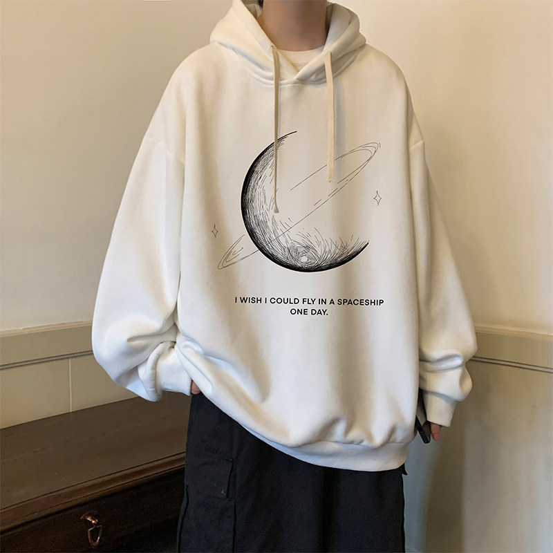 Moon pure cotton hooded sweatshirt men's large size sports hoodie loose and thin