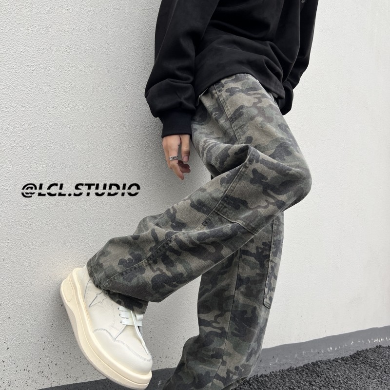 Straight pants, Harajuku camouflage casual pants for men and women, American high street brand trousers