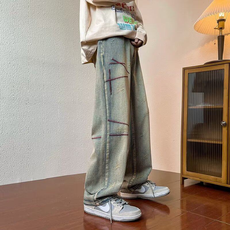 Spring and Autumn New Jeans Men's Trendy Brand Piushuai Casual American Retro Washed Loose Pants