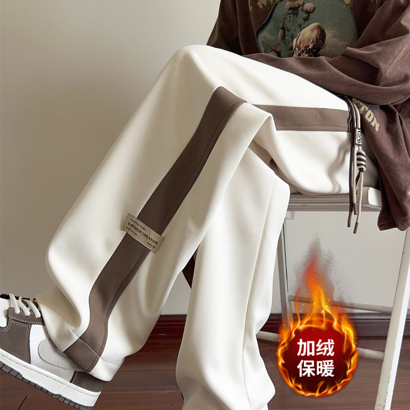 Winter fleece casual pants for men, straight leg pants, color matching sweatpants