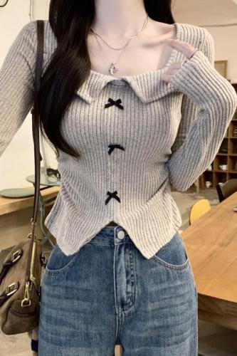 American Retro Hot Girl Bow Square Neck Long Sleeve T-Shirt Women's 2024 Autumn Short Waist Slimming Bottoming Top