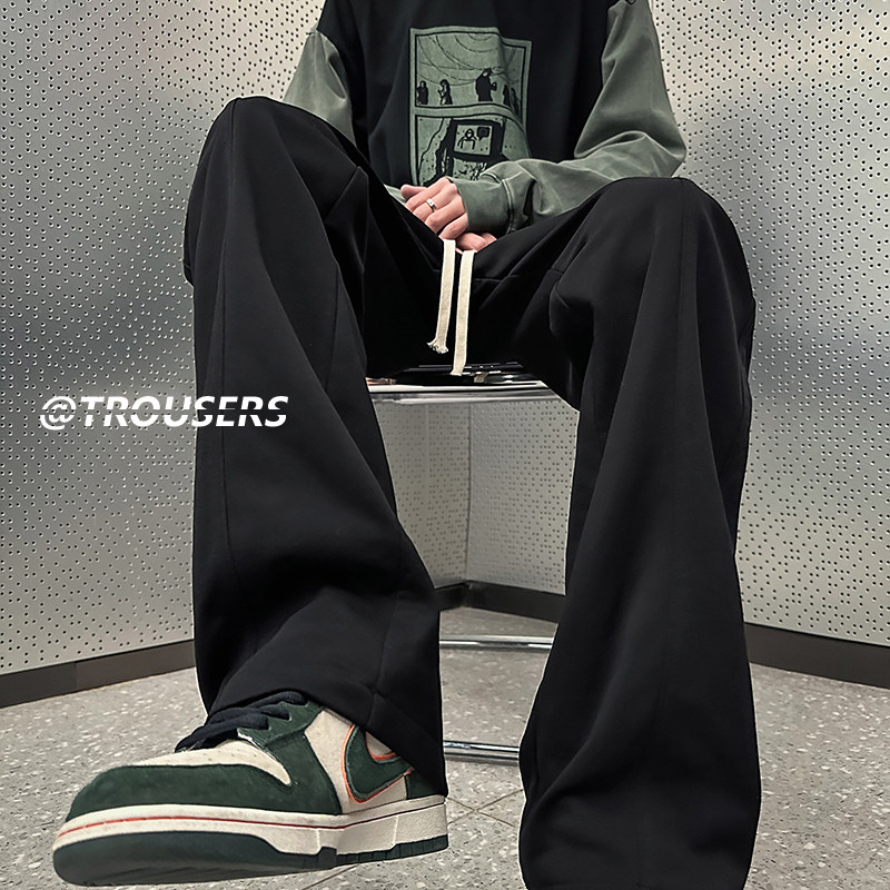 Black casual pants for men in autumn and winter trendy brand drapey loose straight pants plus velvet trendy large size wide leg sports pants