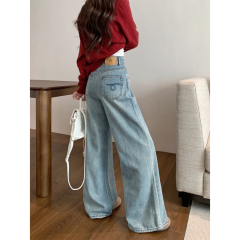 New large size light color embroidered leather brand design straight jeans loose washed retro wide leg floor mopping pants