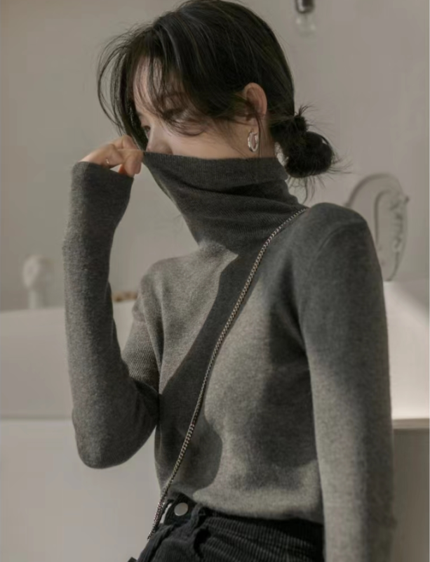 Turtleneck sweater for women in autumn and winter, hot trendy style inner wool sweater, slim long-sleeved, soft and waxy versatile bottoming top