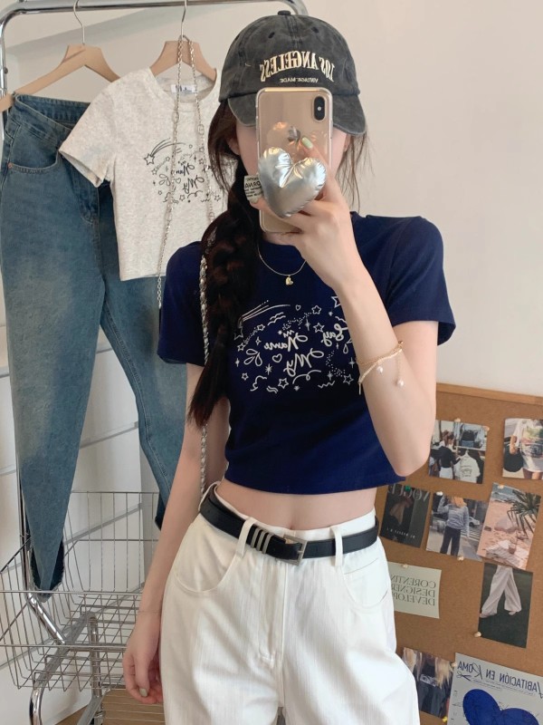 Highly elastic new pure cotton short-sleeved T-shirt, slim and short, paired with high-waisted pants and tops