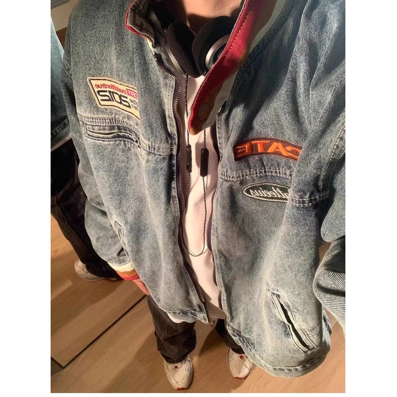American letter embroidered denim jacket spring and autumn trendy versatile loose couple handsome stand-up collar jacket