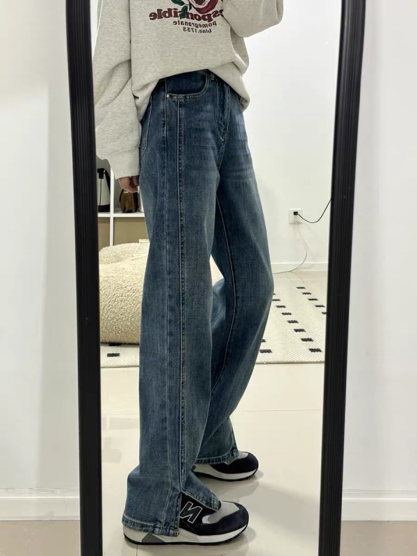 Hong Kong style retro slit straight-leg jeans for women, spring new high-waist slimming and drapey floor-length long pants trendy