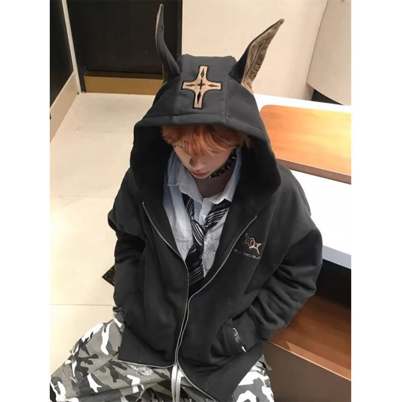 Autumn and winter trendy brand Doberman Pinscher hooded embroidered three-dimensional ear sweatshirt