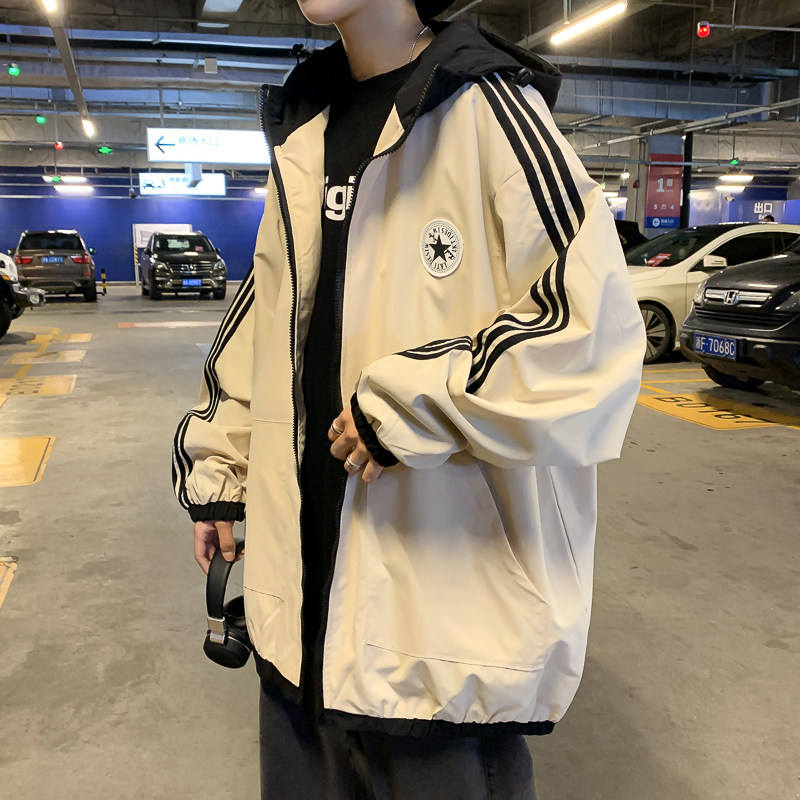 Autumn Hong Kong style men's hooded jacket work jacket webbing splicing