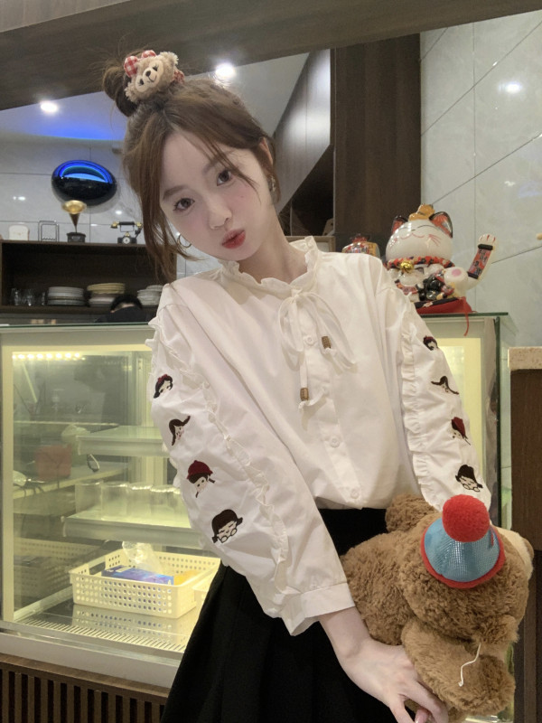 2024 Autumn Korean Style Versatile Puff Sleeve Round Neck Long Sleeve Shirt for Women