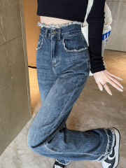 Retro raw edge wide leg jeans for women spring and autumn new style high waisted slimming drape loose straight leg mopping pants