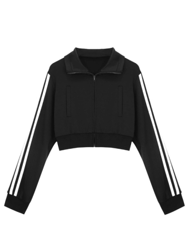 College Style Three Stripes Short Sweater Women's Versatile Black Sports Slim Top Cardigan Jacket