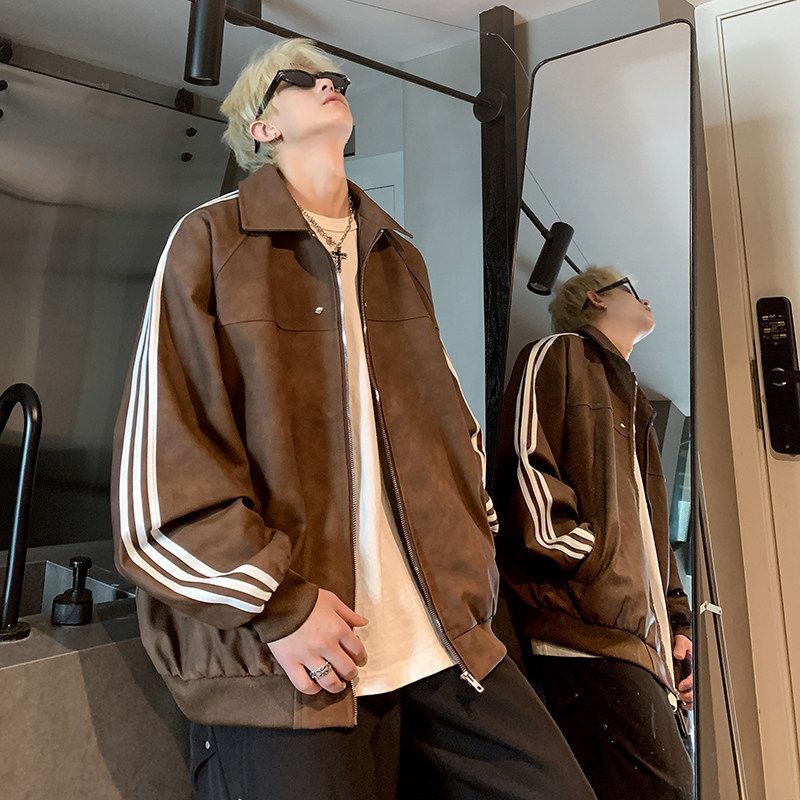 American retro cleanfit high-end PU leather striped jacket