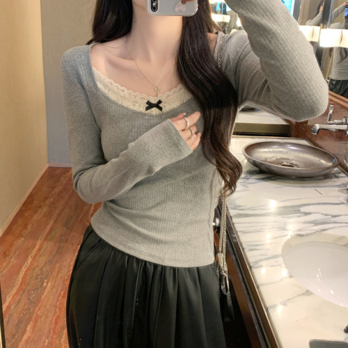 Girls patchwork lace gray jacquard texture sweater for women spring and summer V-neck inner wear long-sleeved T-shirt