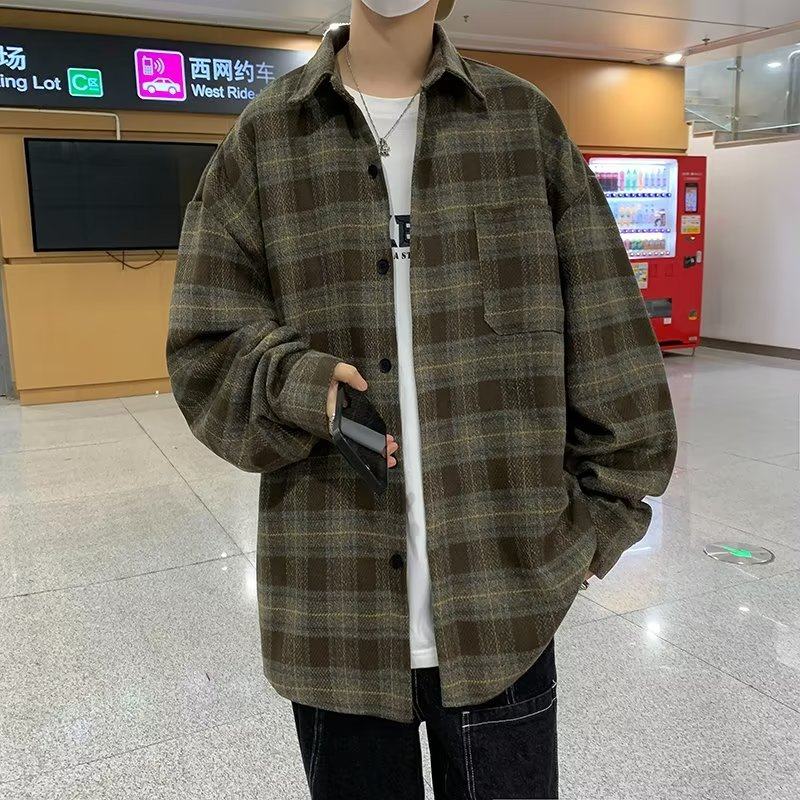 Thickened plaid shirt men's long-sleeved Korean style trendy American handsome 2023 autumn and winter ins jacket