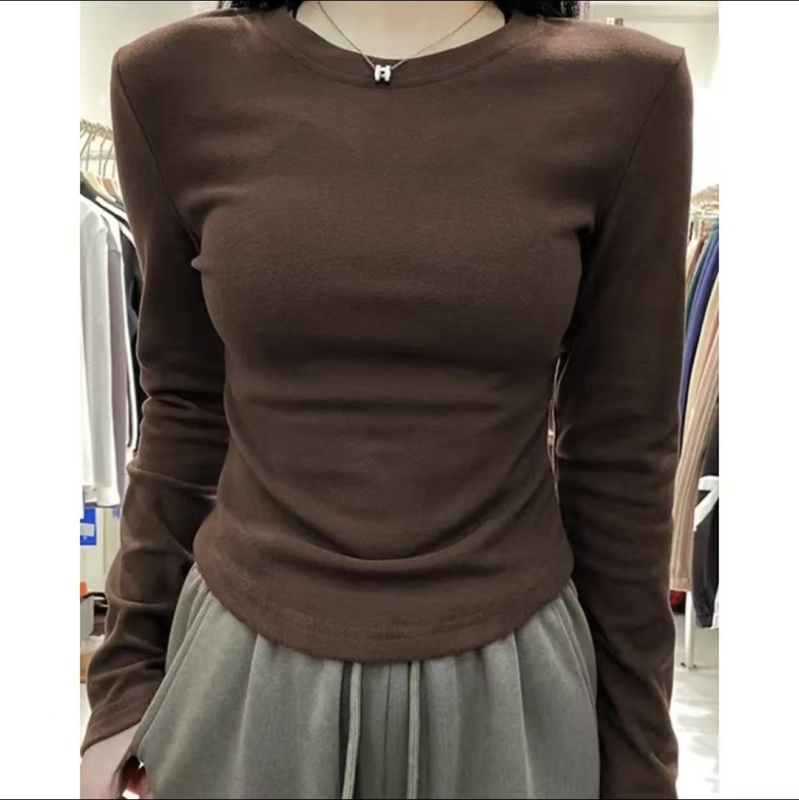 Large size brushed round neck pleated slim top bottoming shirt for women solid color inner waist long-sleeved T-shirt