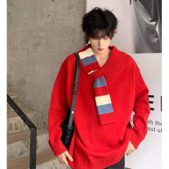 Original design scarf collar sweater men's loose V-neck sweater pullover men's top
