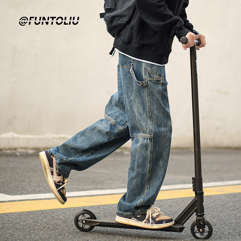 Cargo jeans for men in spring, autumn and winter, washed and distressed, loose wide-leg trousers, American retro straight-leg trousers