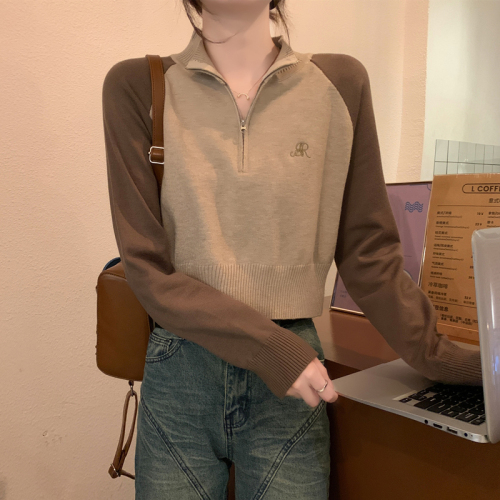 American Retro Short Cardigan Zipper Sweater Women's Sweater 2024 Autumn New Pullover Stand Collar Long Sleeve Top