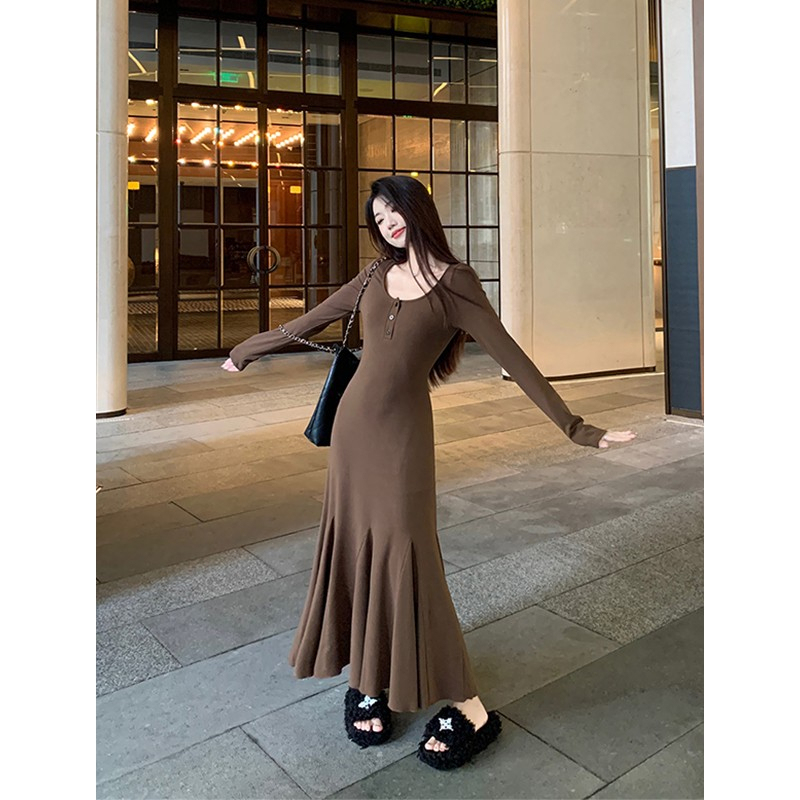 Design sense slimming long-sleeved brown dress women's autumn waist bag hip skirt fishtail skirt black long skirt