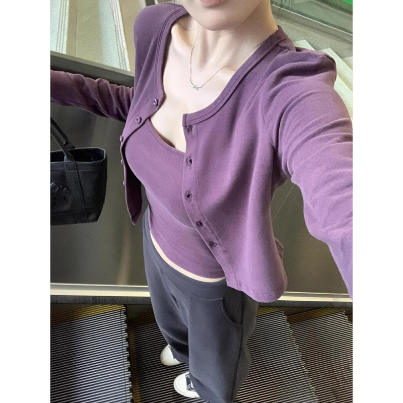 Korean college style hot girl purple camisole cardigan short slim slim top two-piece set