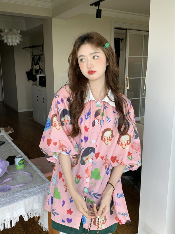 Actual shot ~ New Korean style sweet age-reducing graffiti print contrasting color doll small lapel puff sleeve loose shirt