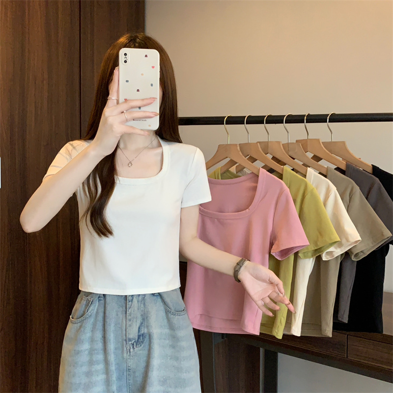 Real shot and real price Summer new solid color square collar versatile short-sleeved T-shirt tops for women