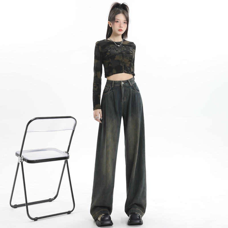 Real shots covering flesh and conferring gods ~ wide-leg jeans for women 2024 spring and autumn pants retro high-waisted straight pants for tall people