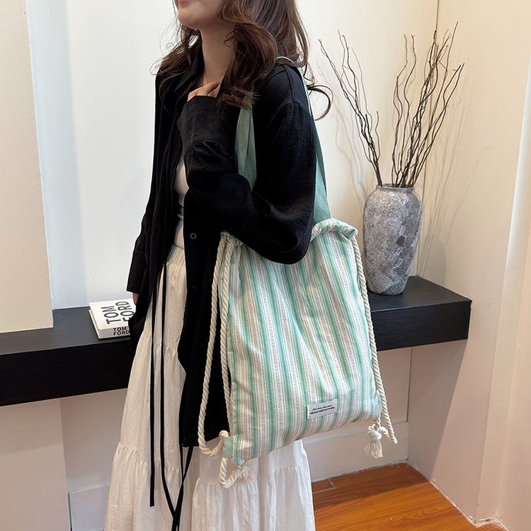 Commuting Korean capacity canvas simple backpack capacity striped canvas backpack bag single shoulder school rope double fresh style