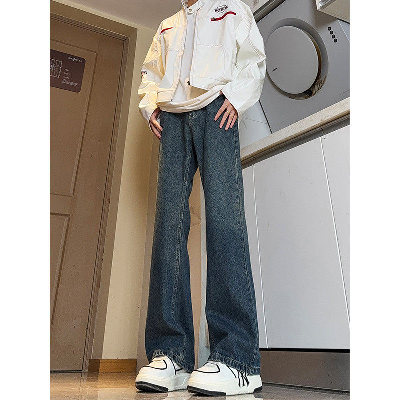 American micro-flare retro jeans for men, autumn American high street vibe pants, loose slimming straight wide leg pants