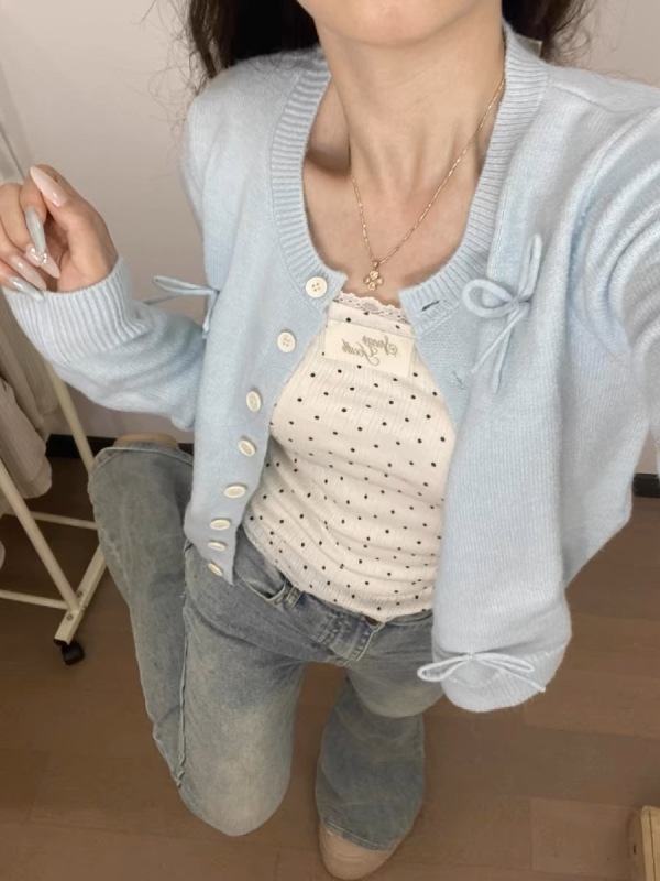 Milk blue knitted cardigan spring and autumn women's new style bow sweet girl Korean style soft waxy top short sweater jacket