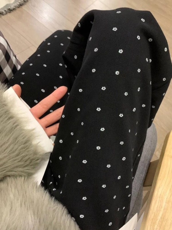 Black polka dot straight jeans for women spring new fat girl mm high waist loose slimming wide leg trousers