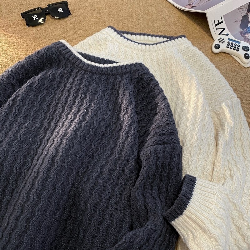 Boys autumn loose sweater jacket men's trendy casual sweater round neck sweater top