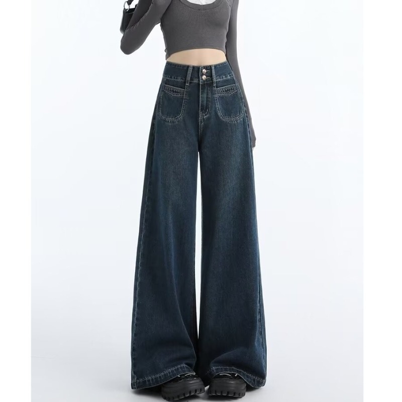 Dark blue wide-leg jeans for women in autumn 2024 new high-waisted double-button loose drape lengthened straight floor-length mopping pants