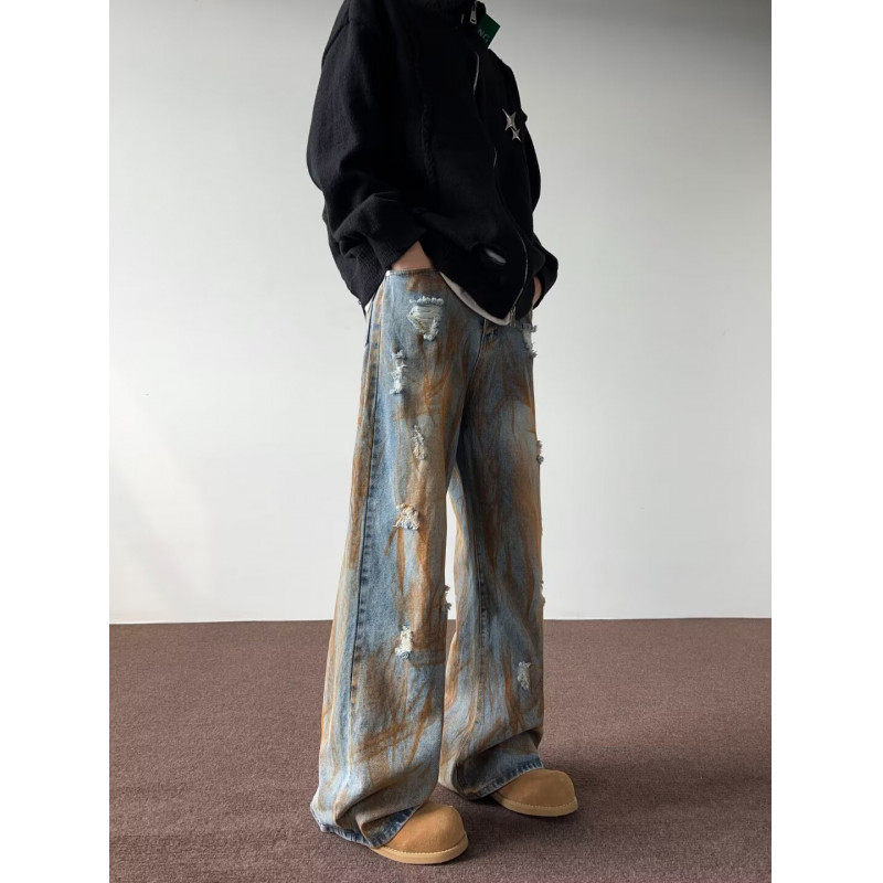American high street trendy ripped loose straight vibe style pants for men