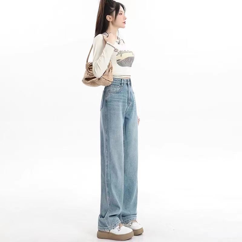 Velvet thickened retro straight-leg slim and warm jeans for women 2024 winter new high-waisted versatile wide-leg pants