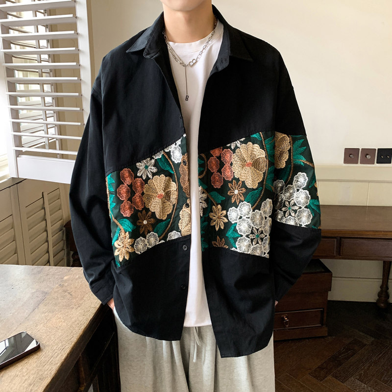 Hong Kong style long-sleeved shirt for men, plus size, unisex style, embroidered, national fashion long-sleeved shirt for men