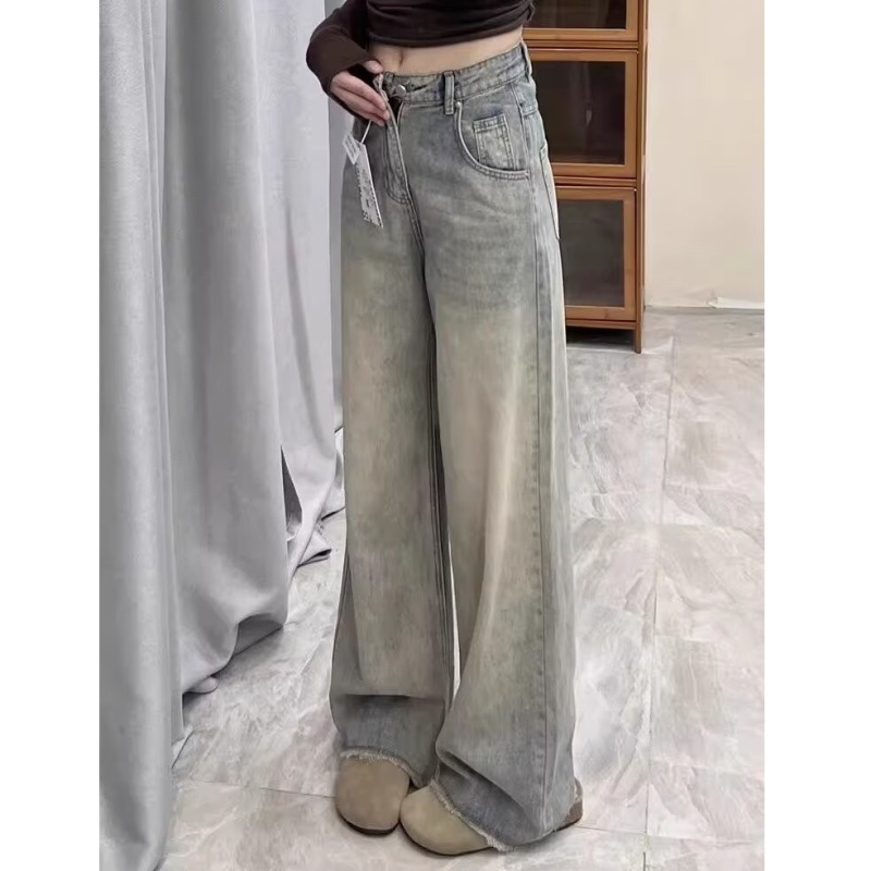 Black and gray straight micro-flared jeans for women spring and summer new ins high-waist slim stretch floor-length pants