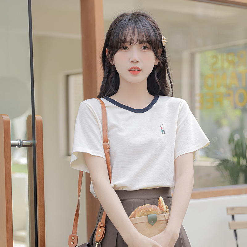 2023 real shot summer retro American waffle contrast collar design niche doll embroidered short-sleeved top