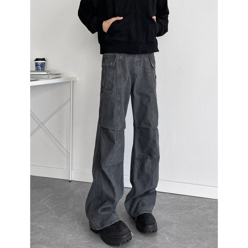 American vintage washed distressed pleated pocket overalls